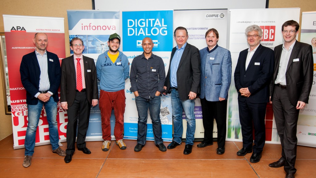 Die Vortragenden, Podiumsteilnehmer und Initiatoren des 23. Digitaldialogs zum Thema "Content Marketing: Was zählt, ist Relevanz", v.l.n.r.: Marcus Hebein (APA), Peter J. Nistelberger (APA), Enrico Radaelli (Holding Graz), Sonny Damiri (Content Garden), Wolfgang Unterhuber (Wirtschaftsjournalist und Autor; Saubermacher AG), Philipp Lutnik (SFG), Gerhard Greiner (Infonova) und Christian Kittl (evolaris). 